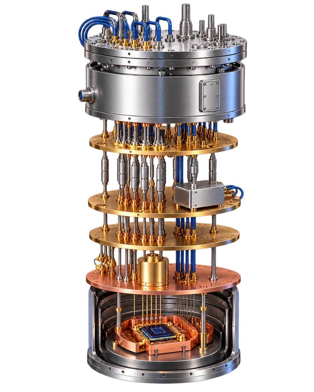 Illustration of a superconducting quantum computer with cooling stages, signal wiring and processor